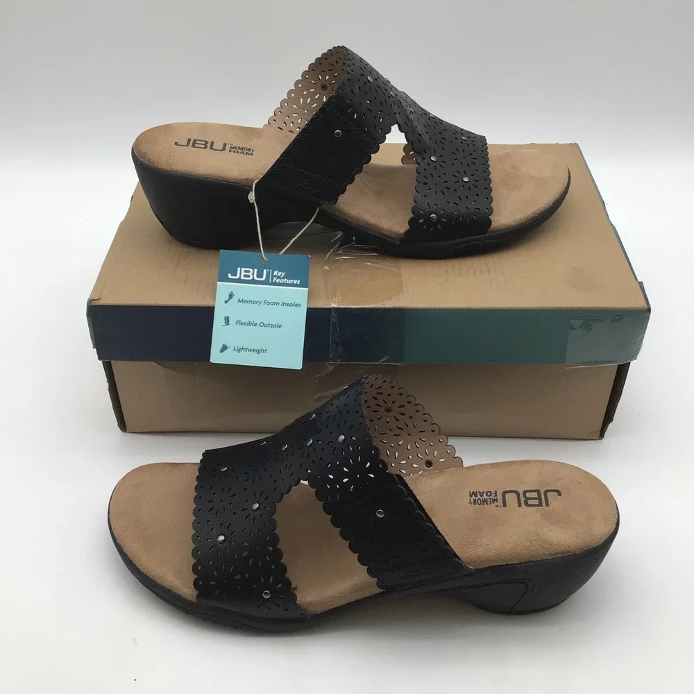JBU Sanya Womens Black Laser Cut Wedge Sandals Memory Foam Slides Size 10 M NEW